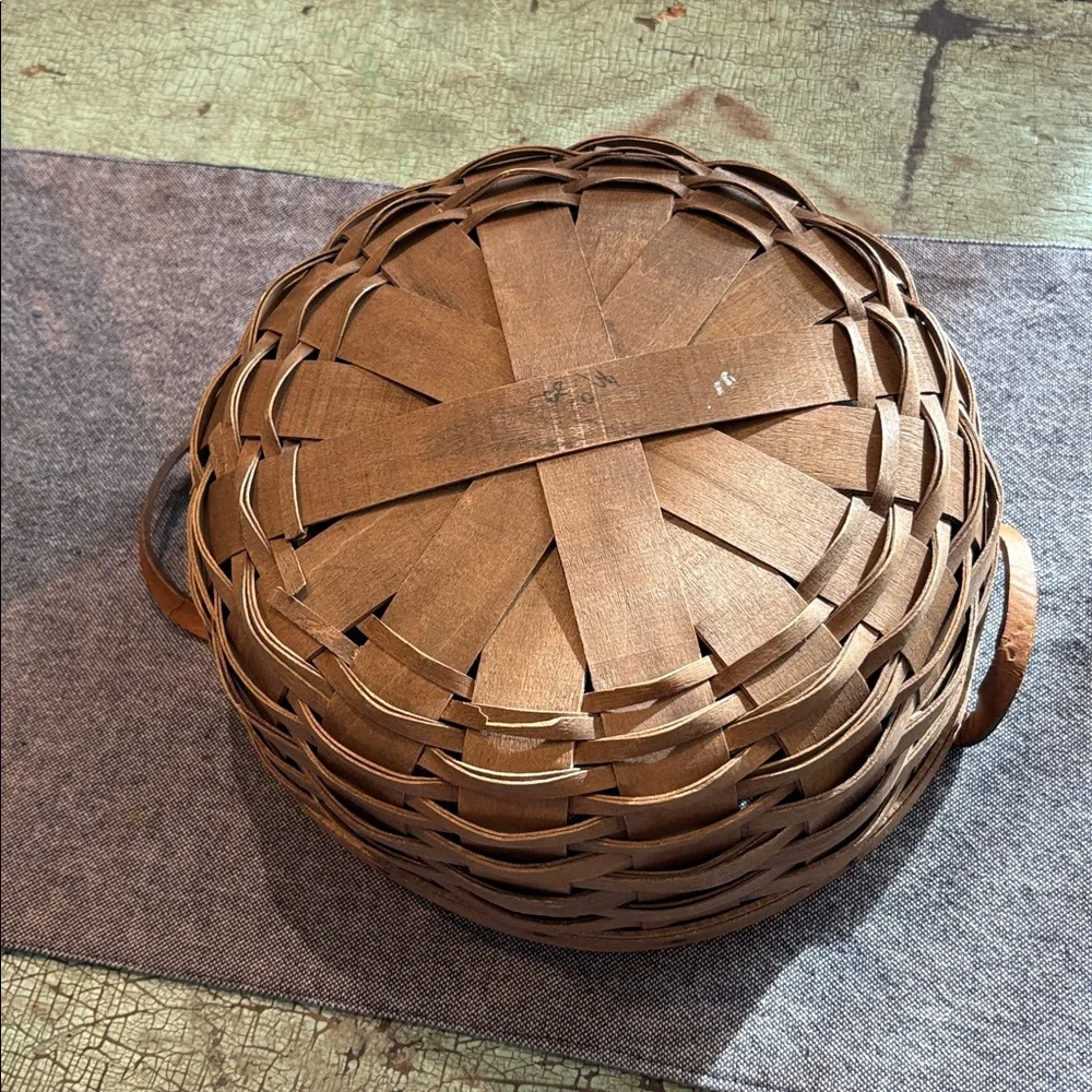 Signed 1982 Handwoven Wood Splint Basket Leather Handles Primitive